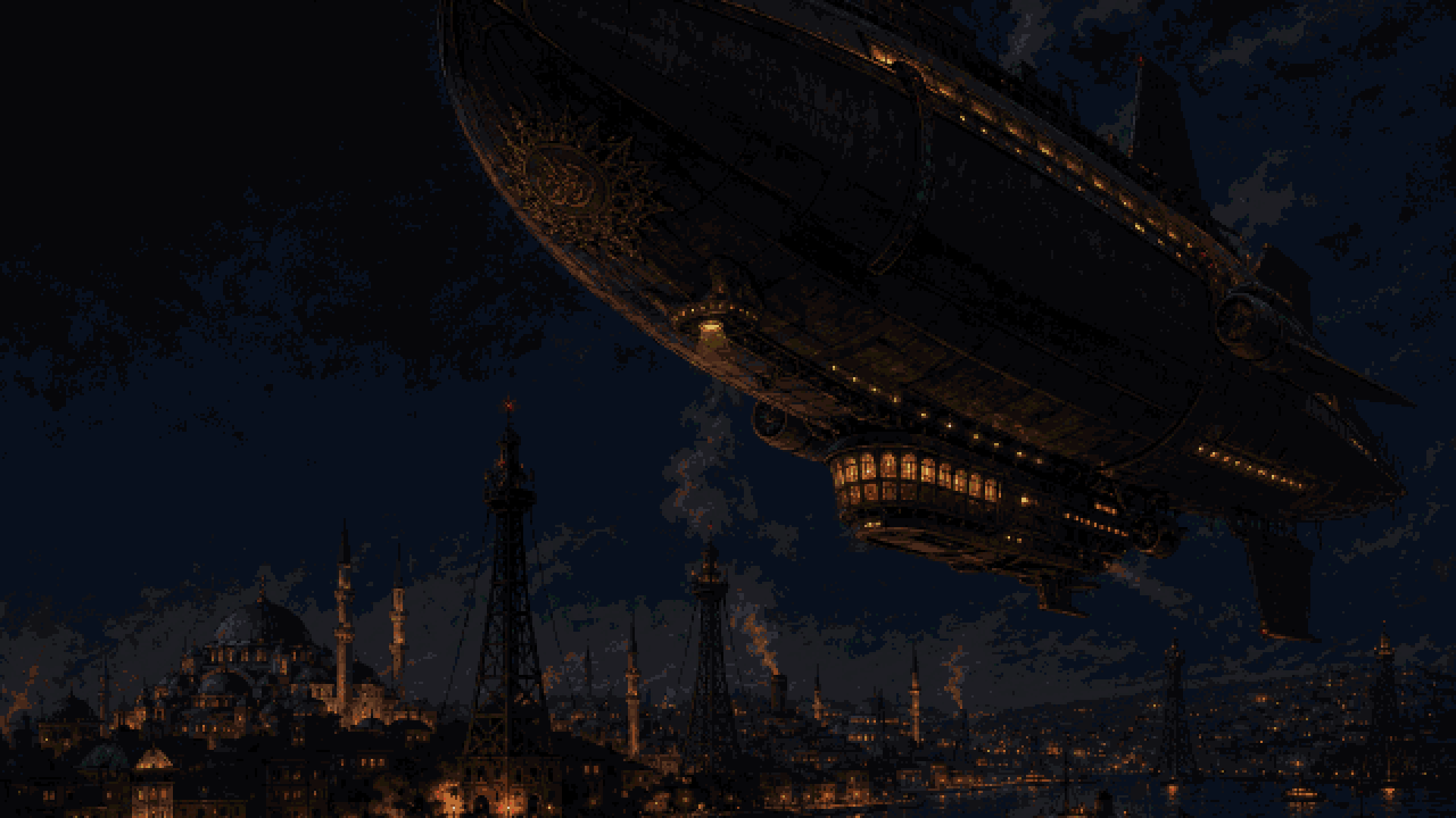 A rigid airship, lit gold along its gondola, passing low over a night-time Istanbul of domes, minarets and mooring towers.
