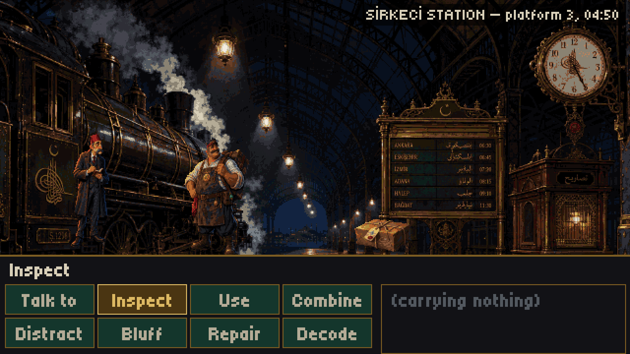 Sirkeci Station platform three before dawn: a steam locomotive under an iron-and-glass trainshed, a porter and an inspector in the lamplight, a departures board lettered in Ottoman script.