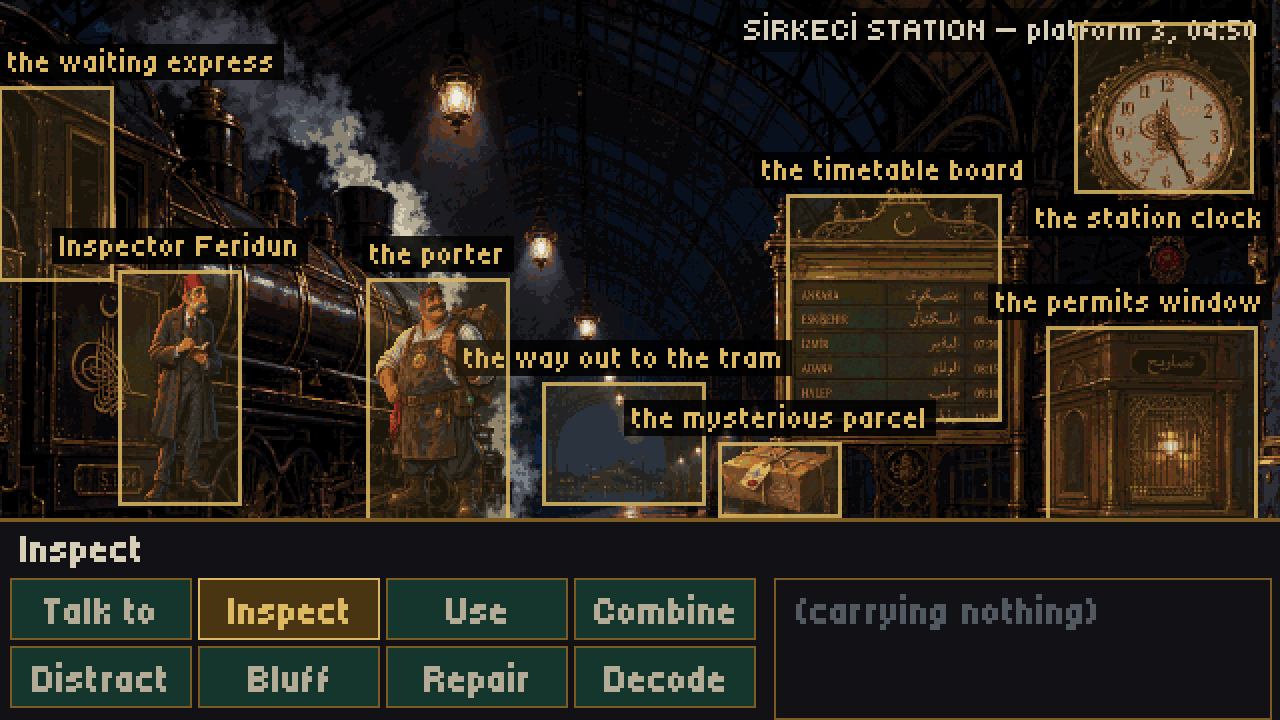 The same platform with every interactive hotspot outlined in brass and named: the waiting express, Inspector Feridun, the porter, the timetable board, the mysterious parcel.