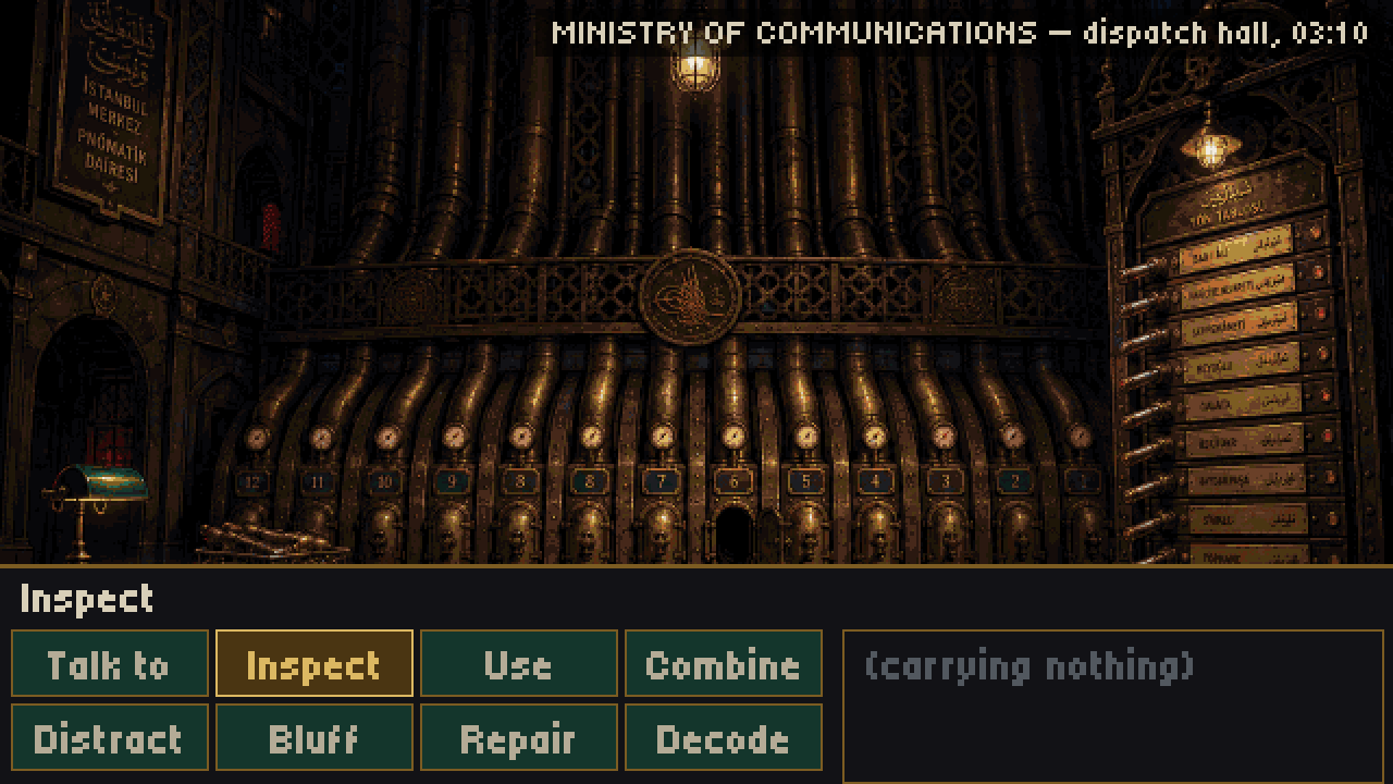 The Ministry dispatch hall: a wall of numbered pneumatic tube mouths under a gilded imperial cypher, with a rack of routing labels alongside.