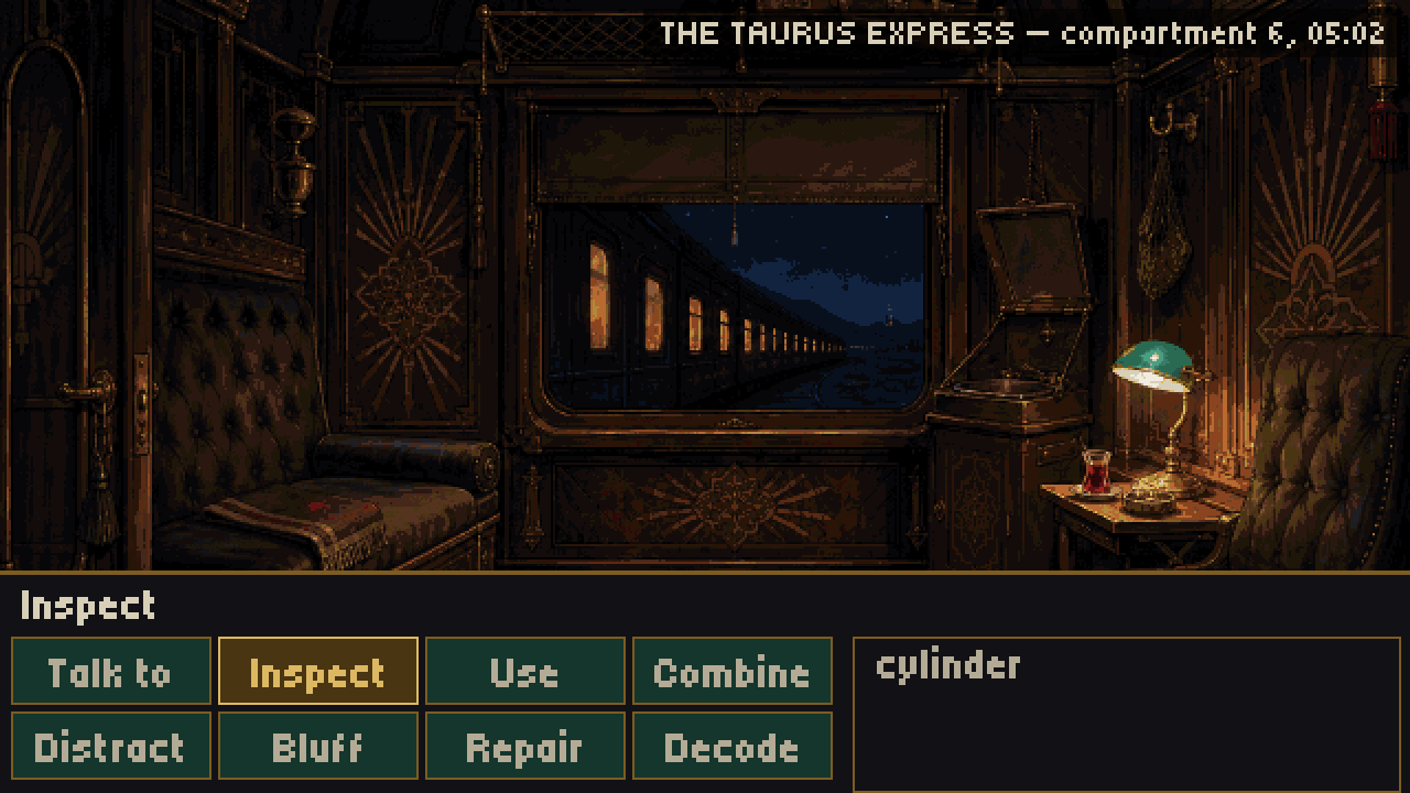 A sleeper compartment on the Taurus Express: marquetry panelling, a green-shaded lamp, a glass of tea, and the lit windows of the train curving away outside.