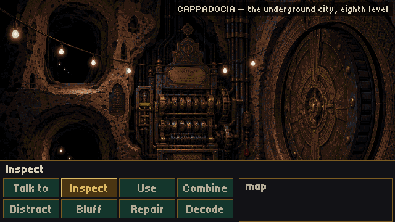 Eight levels down in a Cappadocian underground city: a brass calculating machine of stacked drums beside an enormous carved stone door.