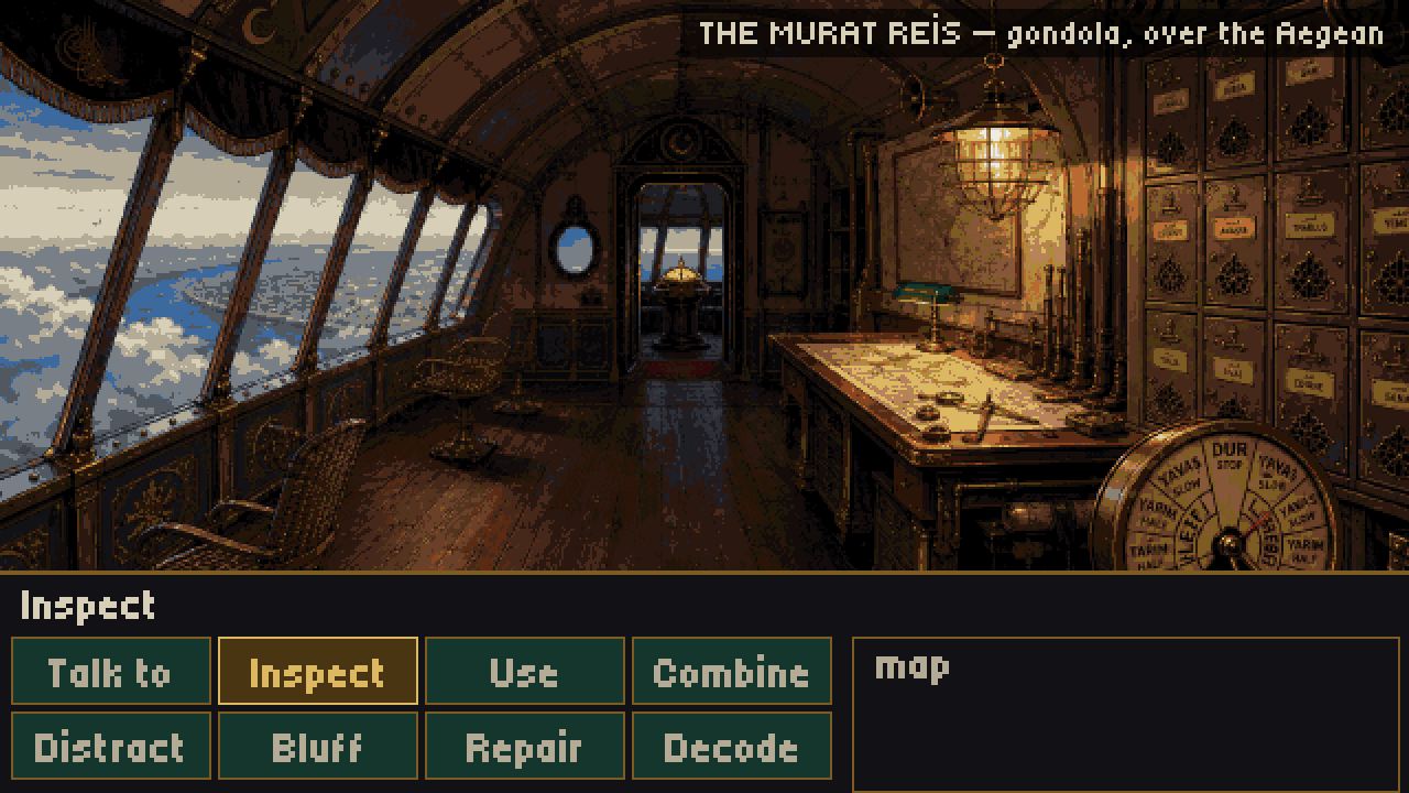 The chart room in an airship gondola over the Aegean: a map table, a brass helm, and a wall of windows full of cloud and sea.